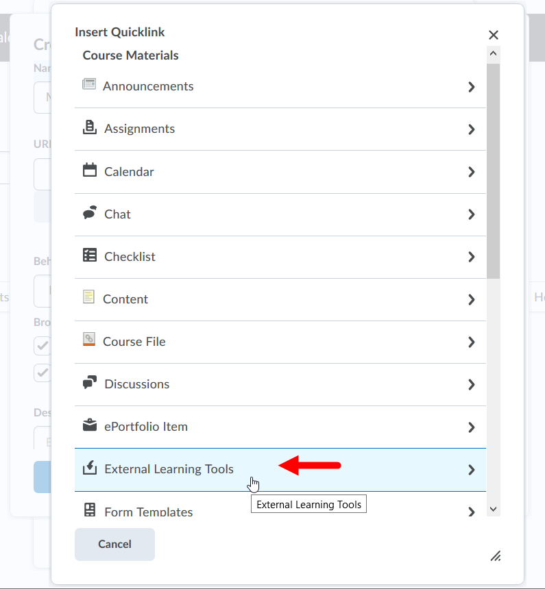 Insert quicklink list of optons with external learning tool option identified for steps as described