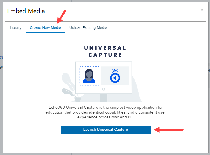 Embed media dialog box with Create New Media tab opened and identified for steps as described