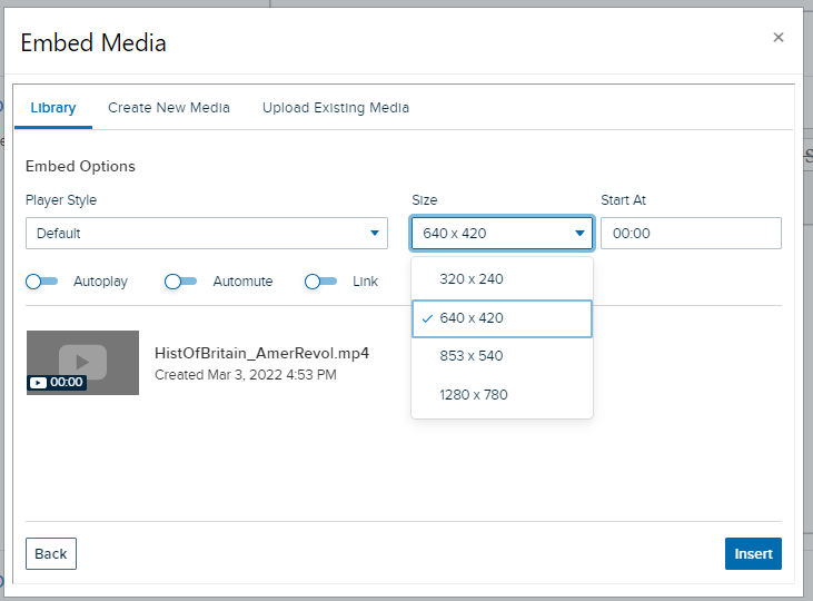 Embed media dialog box with media selected and size drop-down list open showing options as described