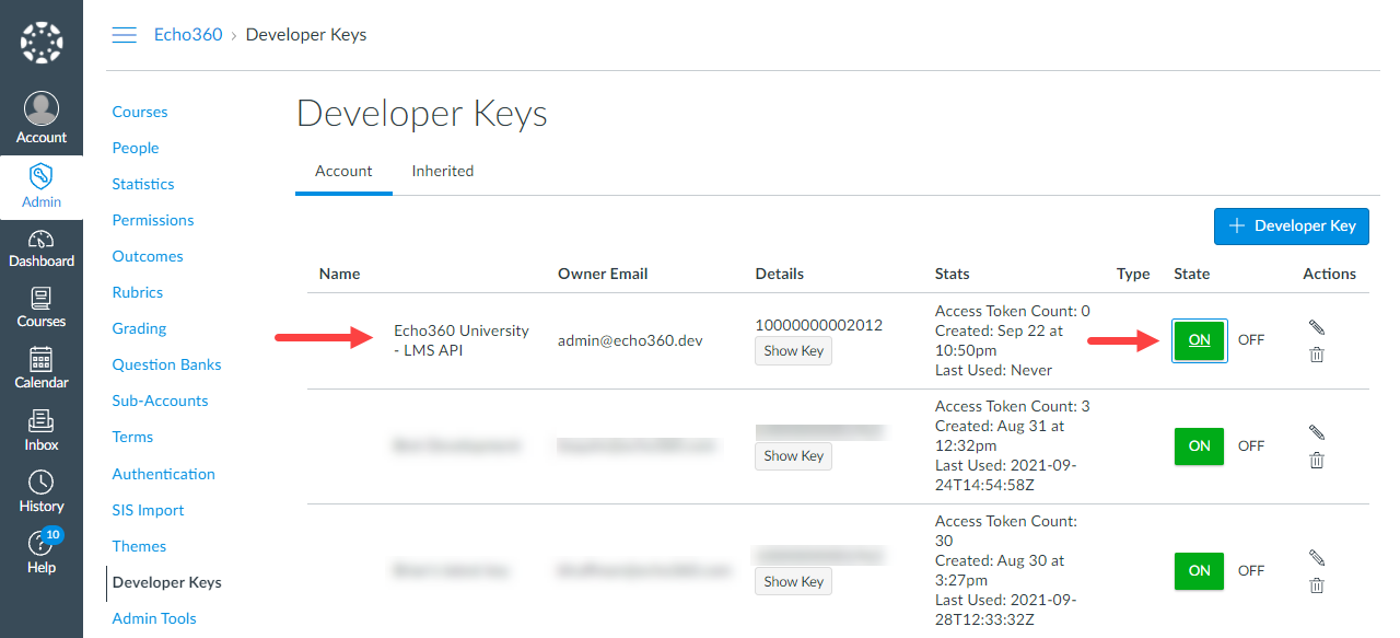 Developer Keys page in canvas after new key is added and on off toggle identified for steps as described