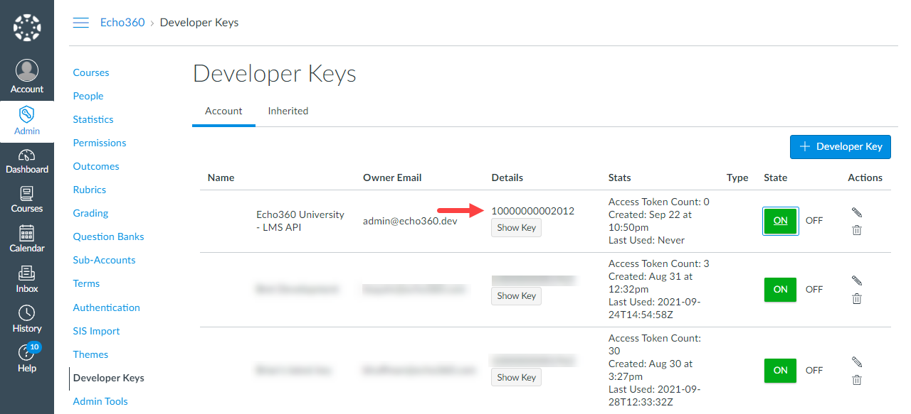 Canvas developer keys page with Client ID value to copy and paste into Echo360 identified for steps as described