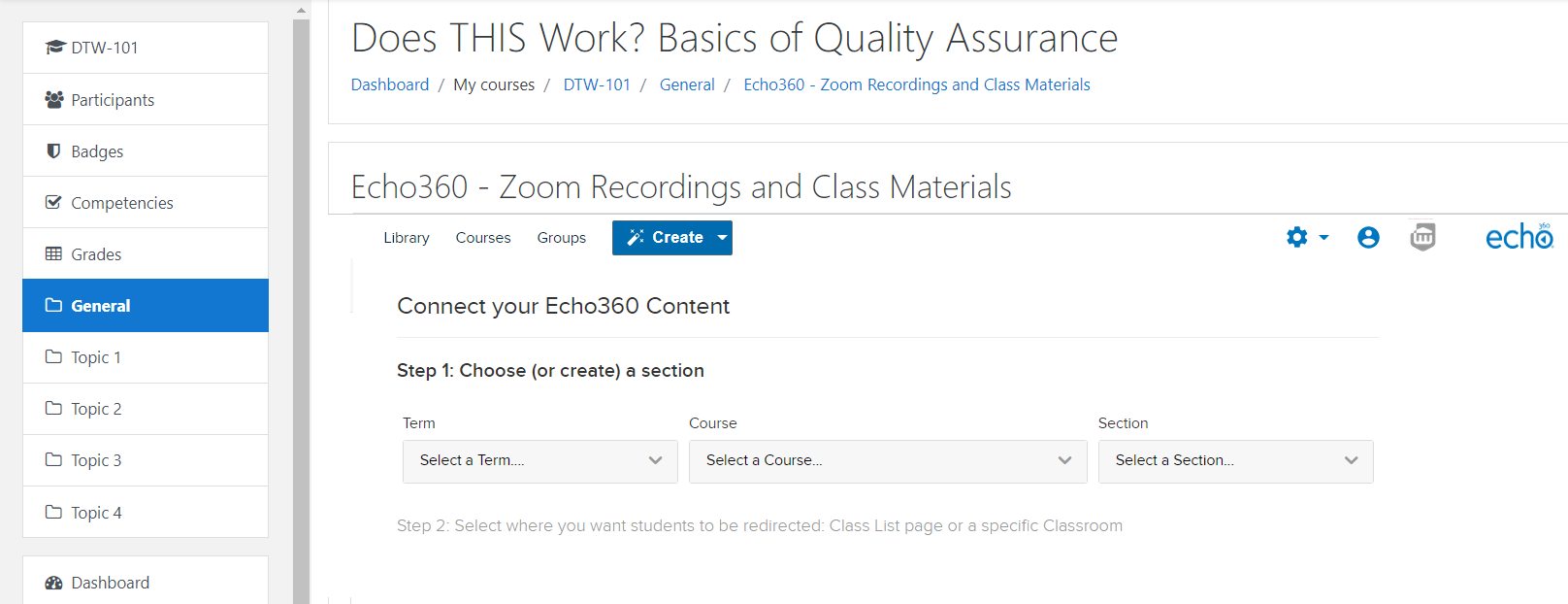 Moodle course with Echo link selected and mapping options to Echo section shown as described