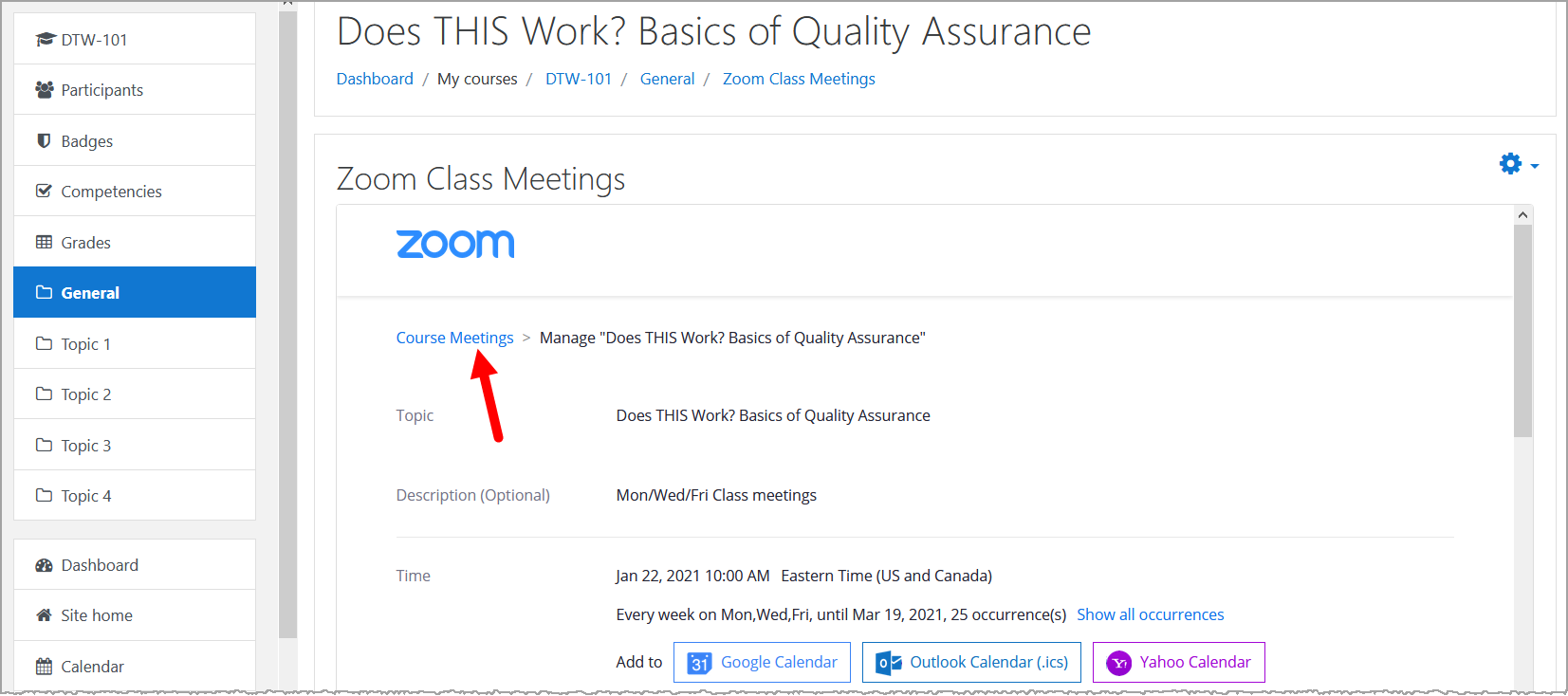 Zoom course meeting details page with Course Meetings link identified for steps as described