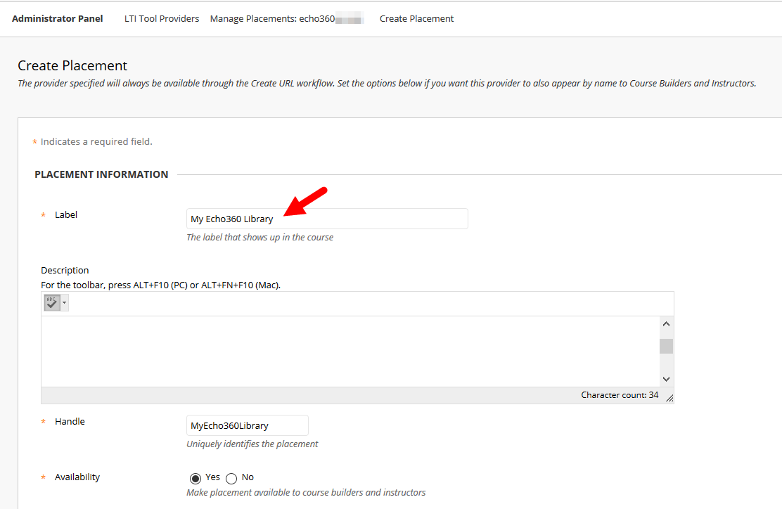 top section of create placement form containing fields as described