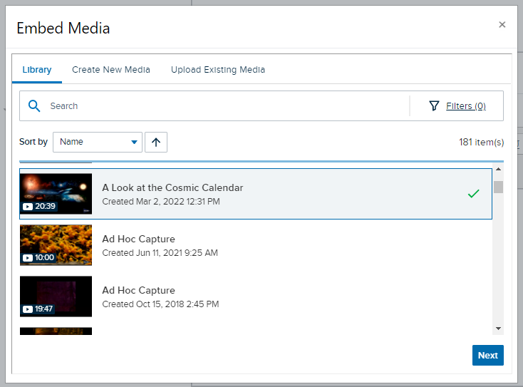 Embed media dialog box with media selected to embed and Next button active for selection as described