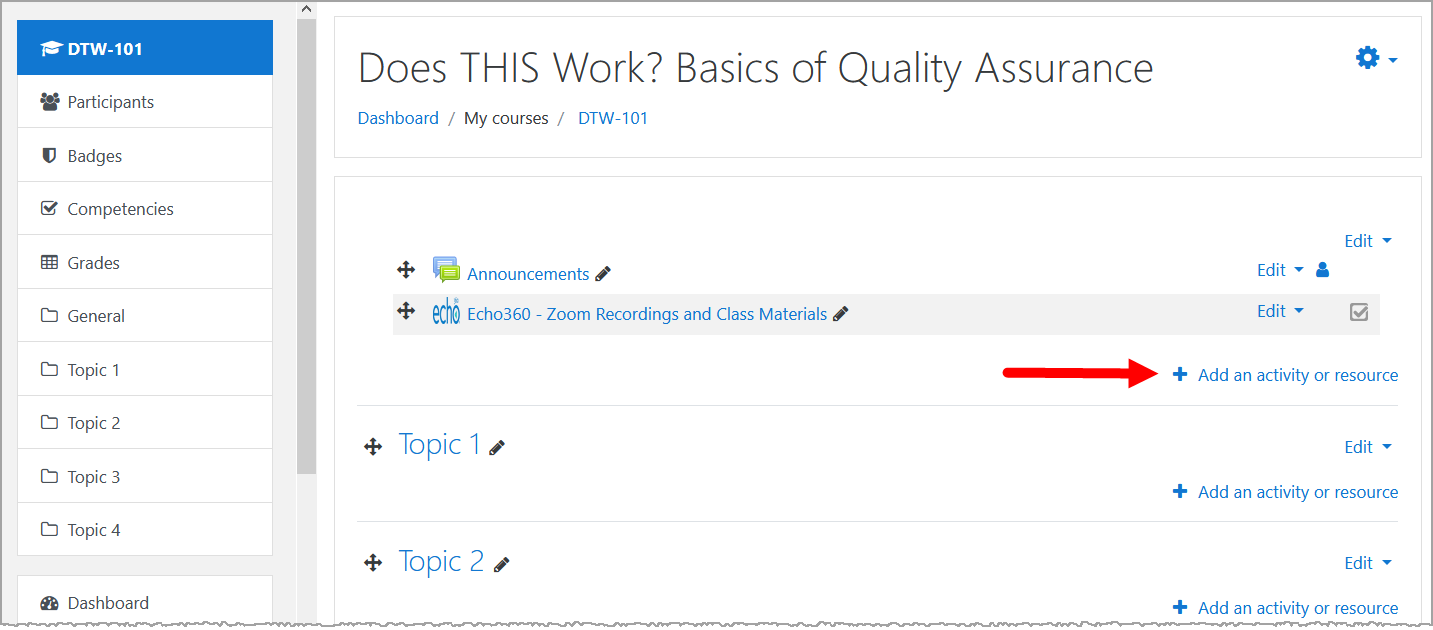 Moodle course with Add Activity link identified for steps as described