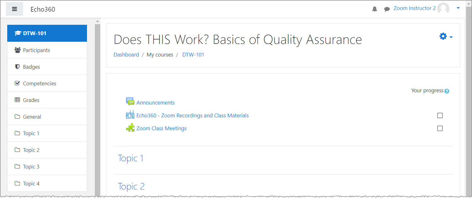 Moodle course with an Echo360 link and a Zoom link as described