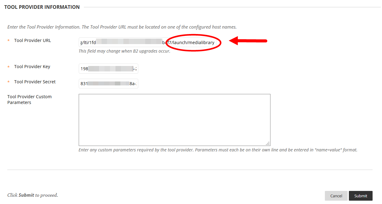 Tool provider information section of the placement form with fields for completion as described