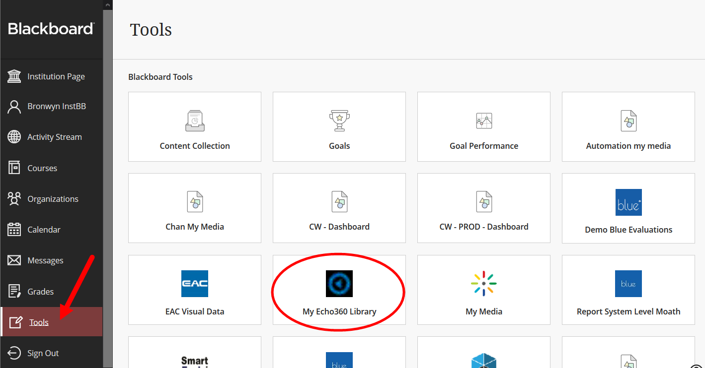 Blackboard tools option selected with My Echo360 Library option shown for selection as described