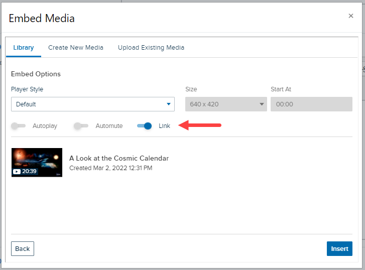 Embed media dialog box with media selected and Link toggle identified and enabled with changes to options as described