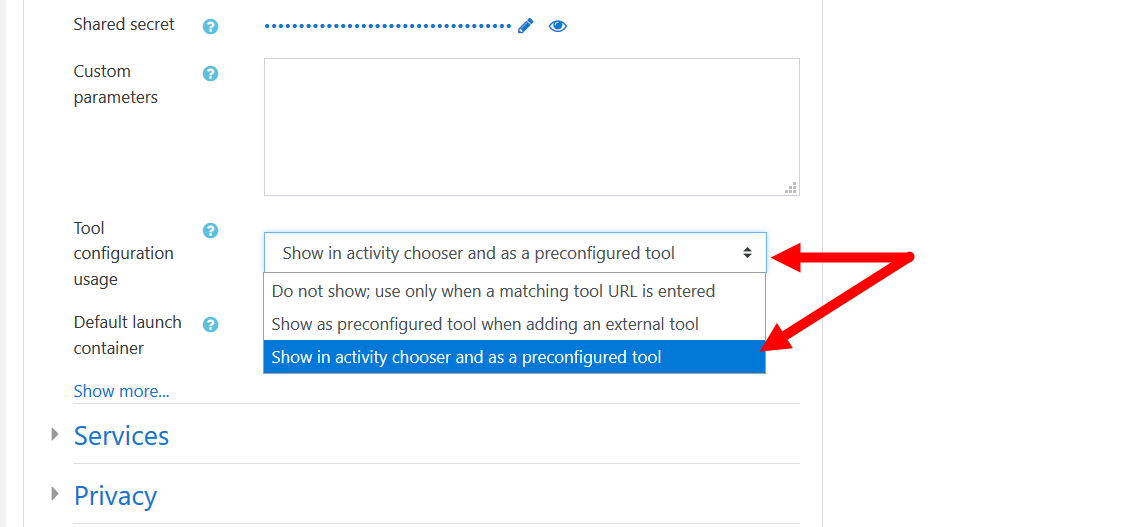 LTI tool configuration usage dropdown list open with selection identified for steps as described