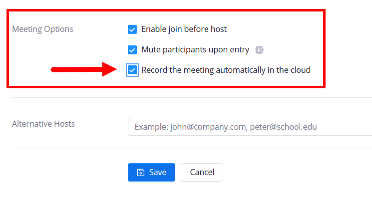 Zoom meeting configuration recording options with selections enabled as described