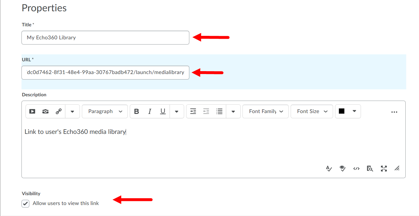 Create link properties form with title and URL and visibility options identified for steps as described