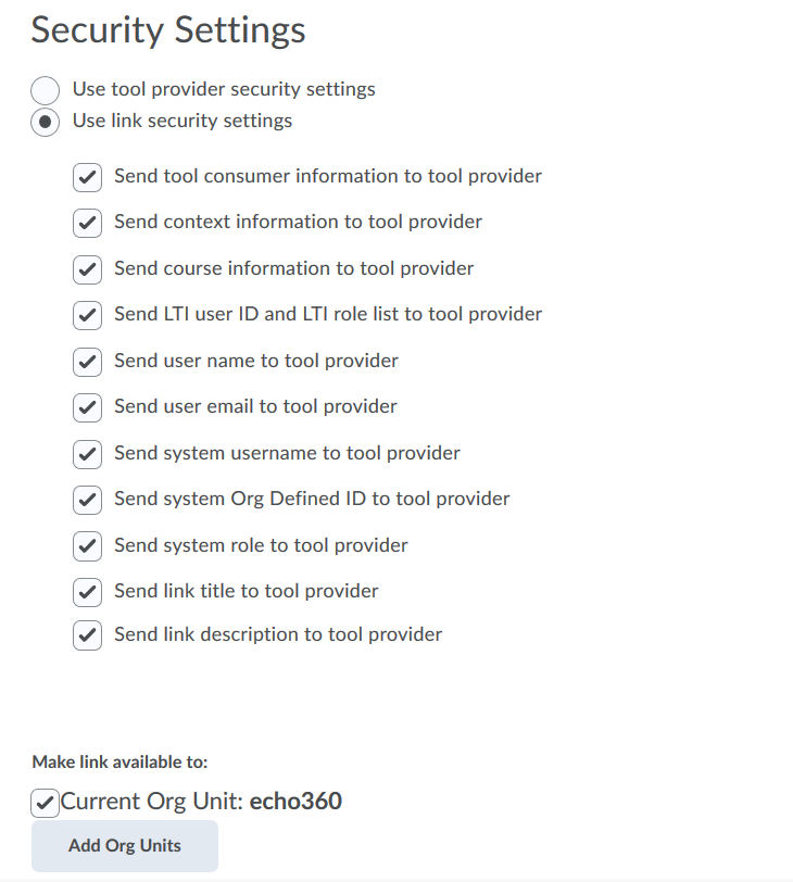tool link security settings with options for steps as described