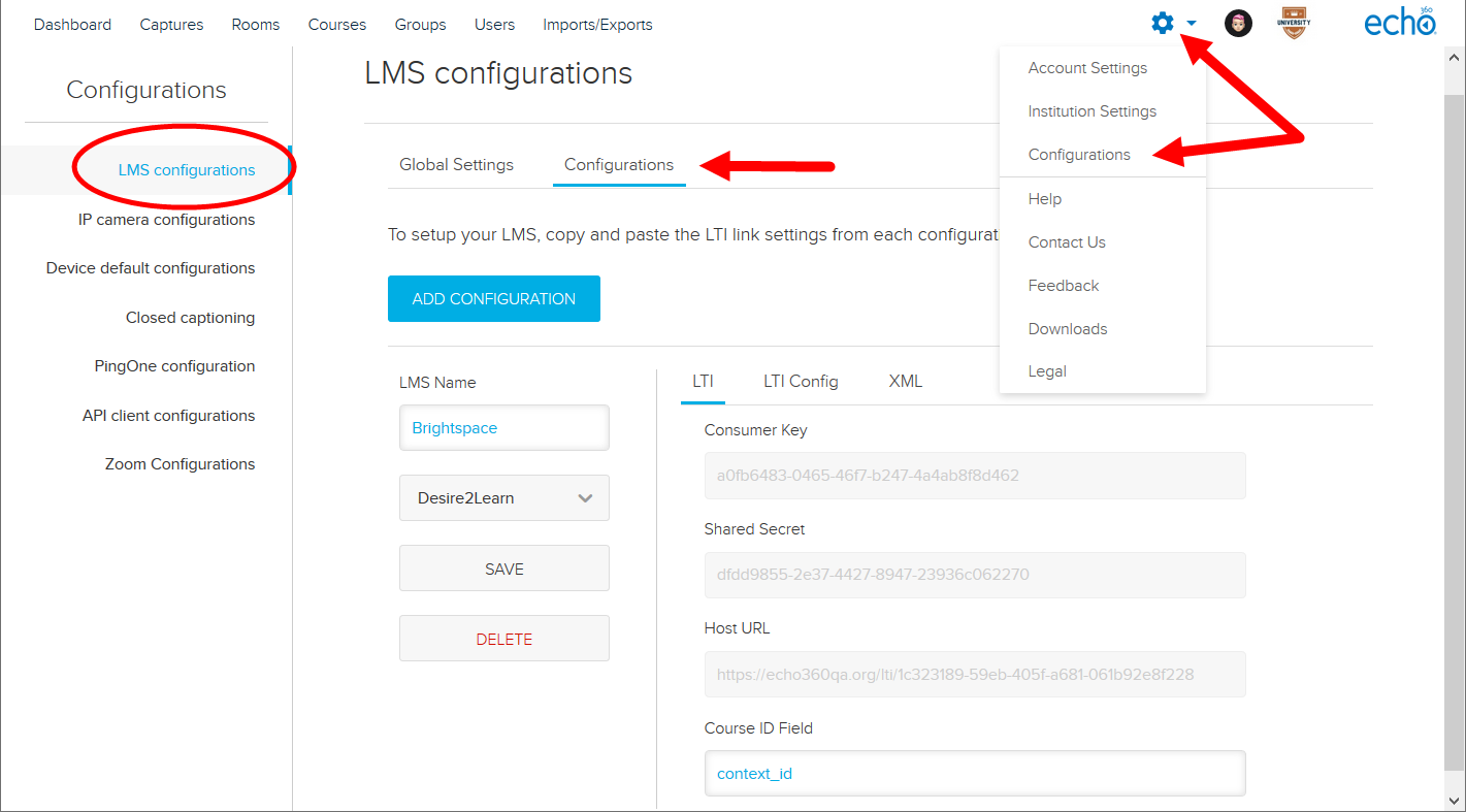 LMS configurations page in Echo360 with D2L block shown for steps as described
