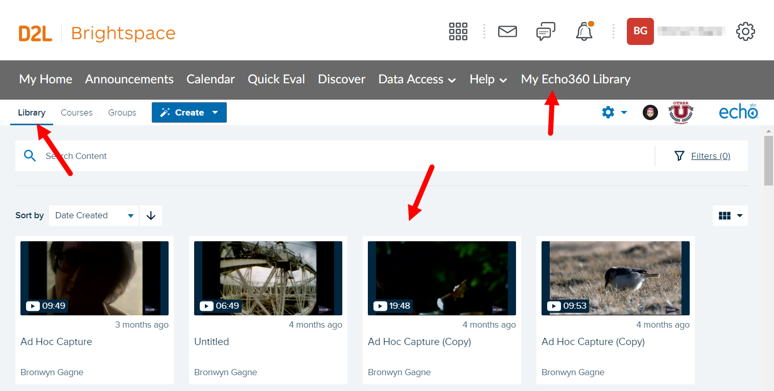 new echo360 library link with echo360 library shown in main Brightspace page as described