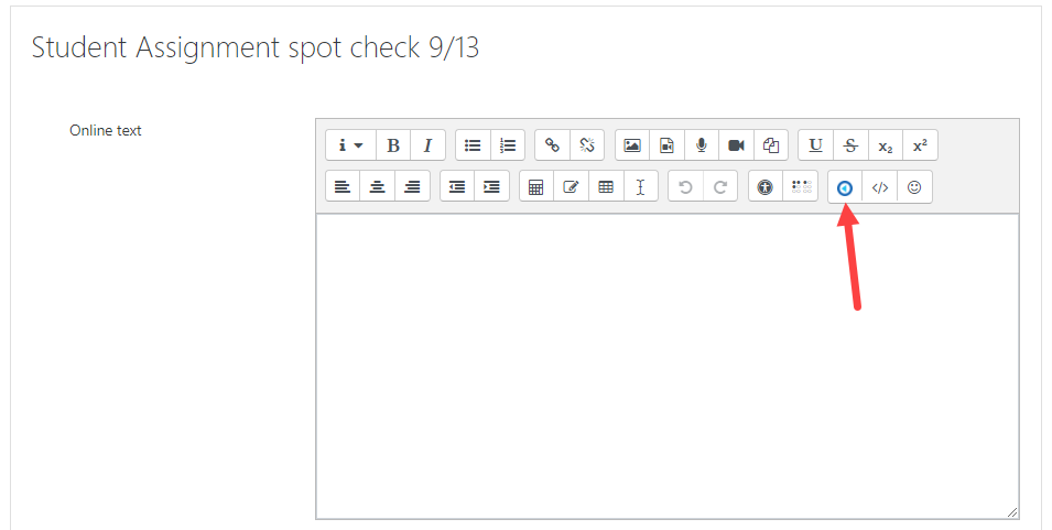 Submit online text submission for assignment in Moodle with Echo360 embed media button identified as described