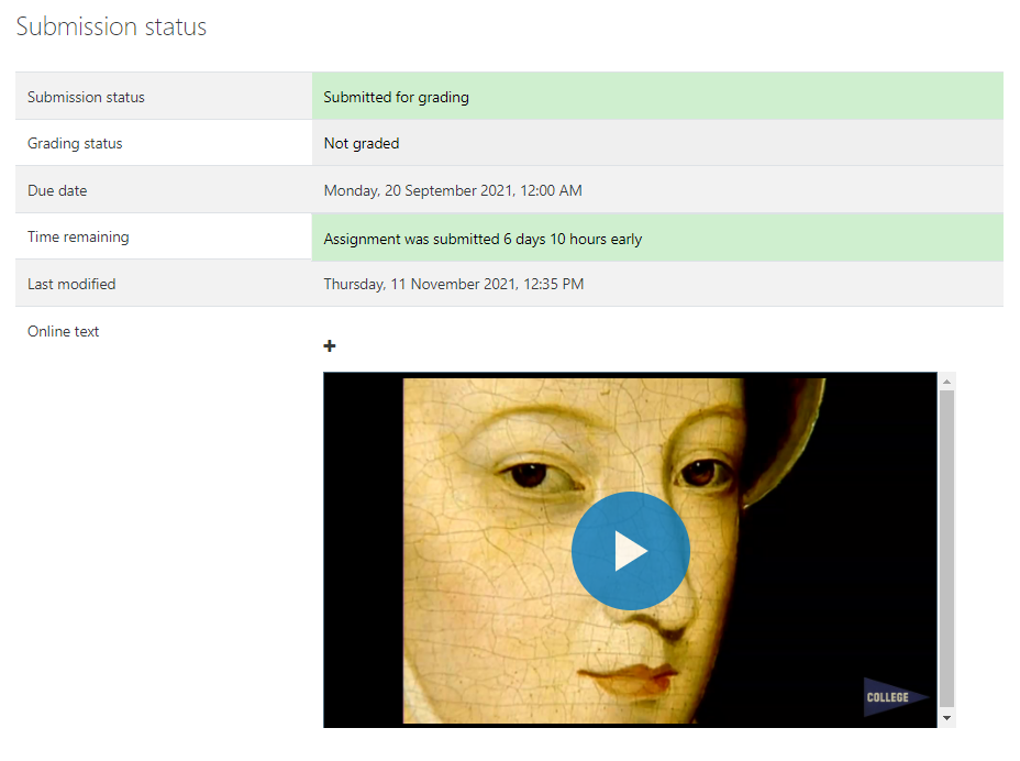 Student submission with embedded video displayed on the page for playback as described