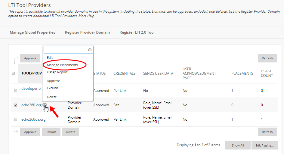 LTI provider tool list with menu options showing and Manage Placements identified