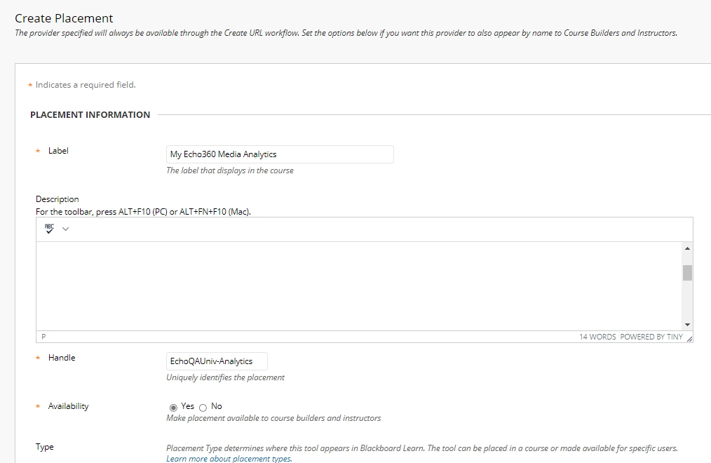 Create placement form in blackboard with label and description and Handle fields shown for steps as described