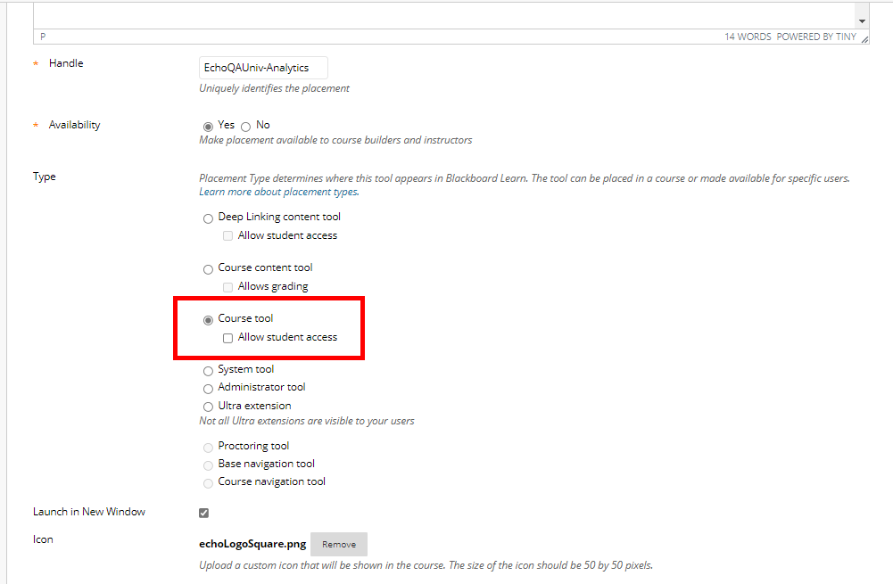 Create placement form in Blackboard with Type section fields and selections shown for steps as described