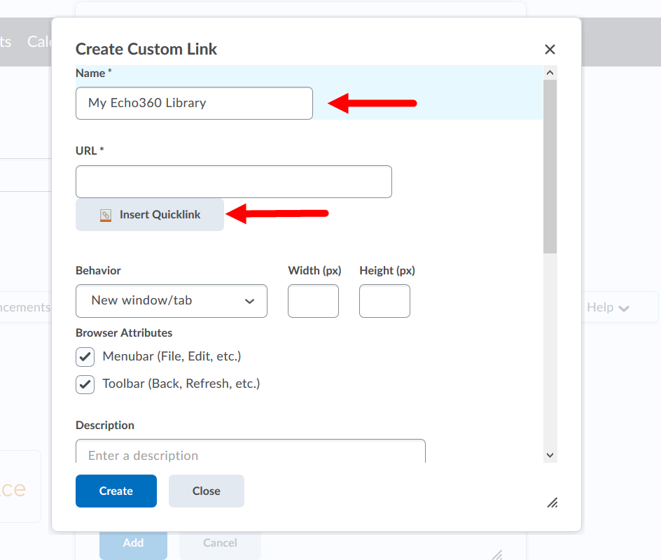 Create custom link dialog box with name entered and insert quicklink button identified for steps as described