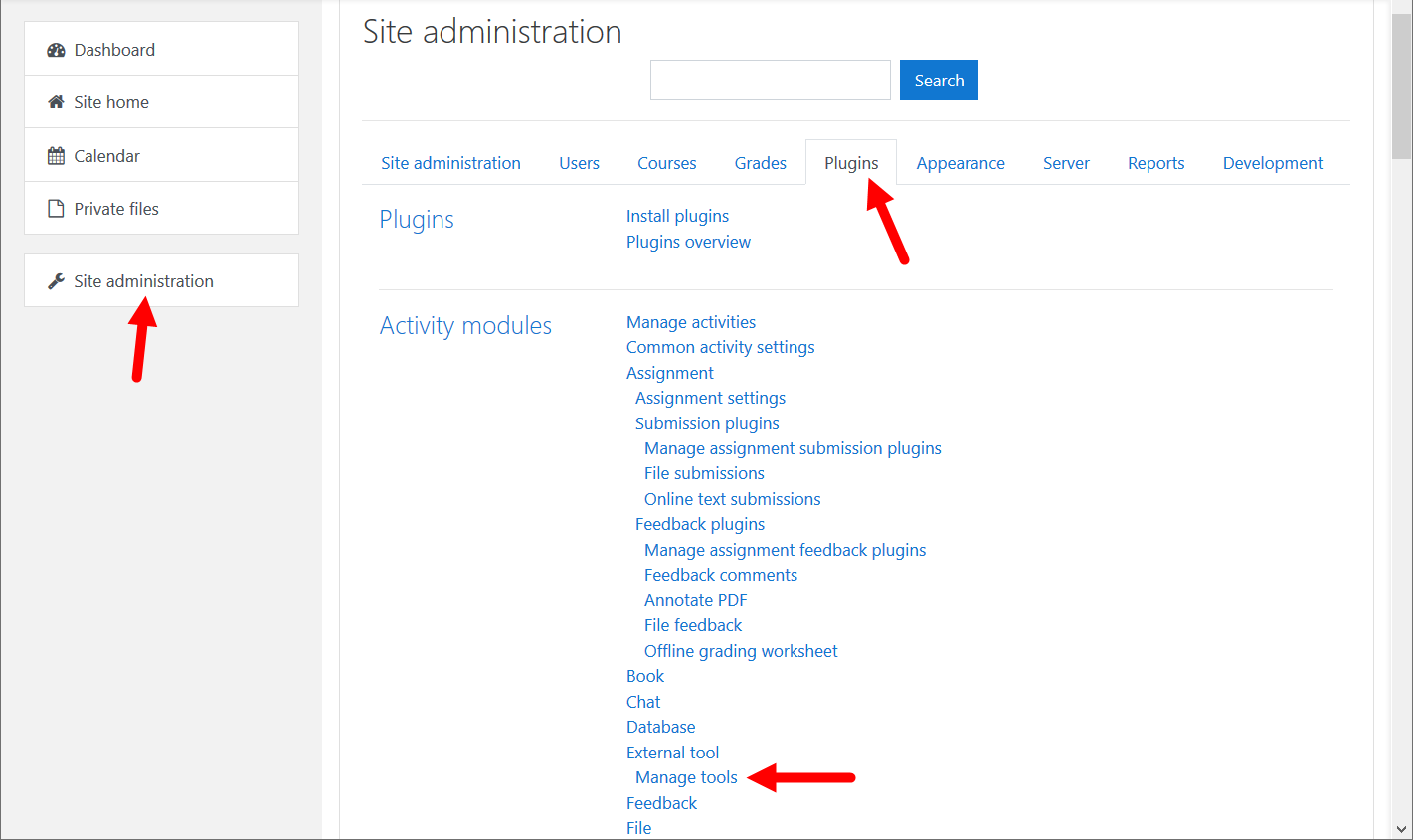 moodle site administration page with navigation to manage external tools shown as described