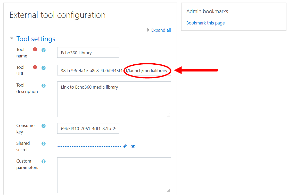 Tool Settings fields with fields completed as described and appended url shown as example