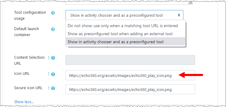 tool configuration form with icon fields shown and url to Echo360 icon entered for steps as described