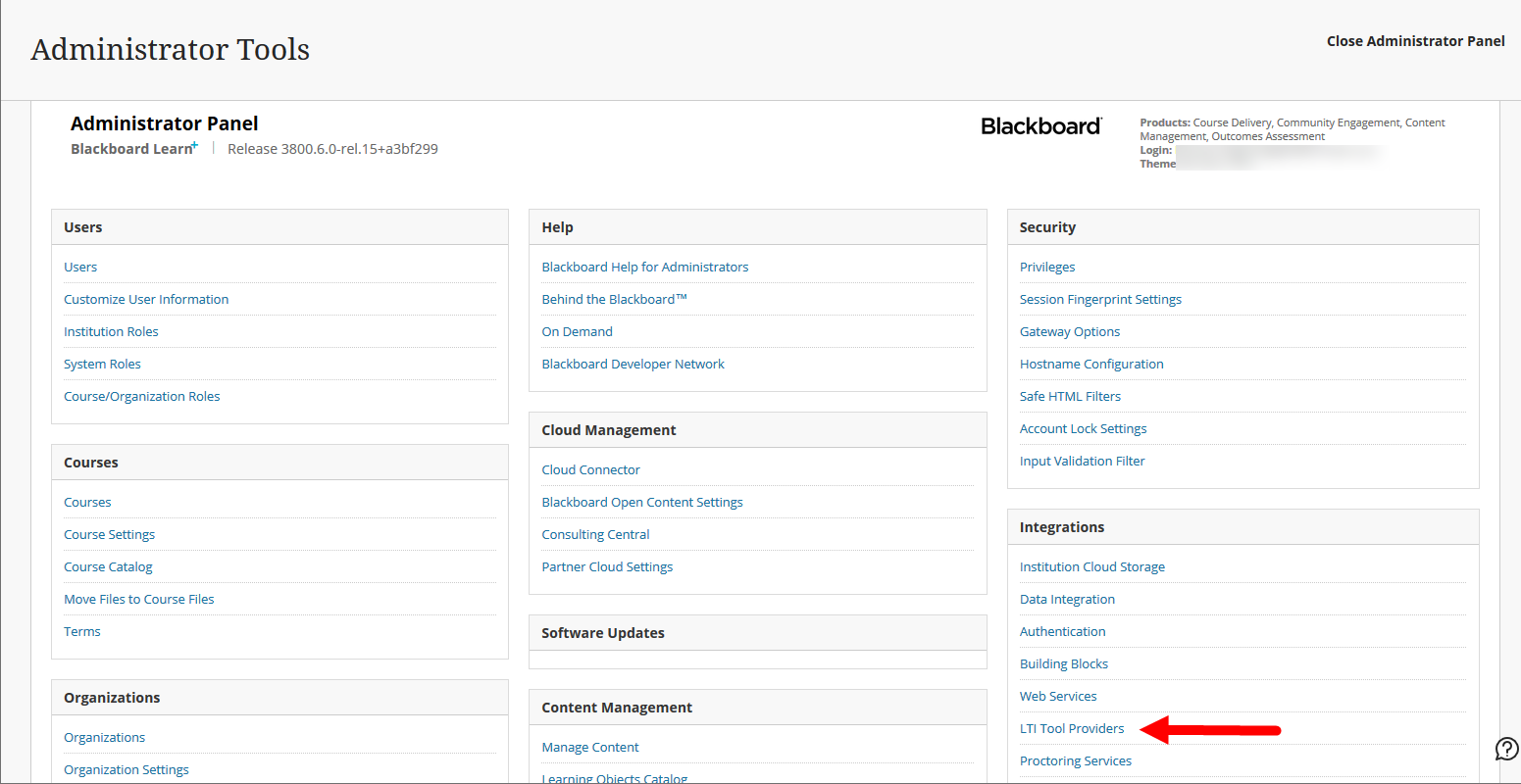 System Admin panel of Blackboard with LTI Tool Providers option identified for selection as described