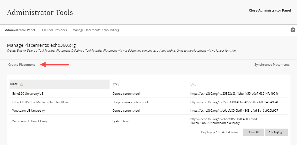 Manage Placements list with Create Placement button identified for steps as described