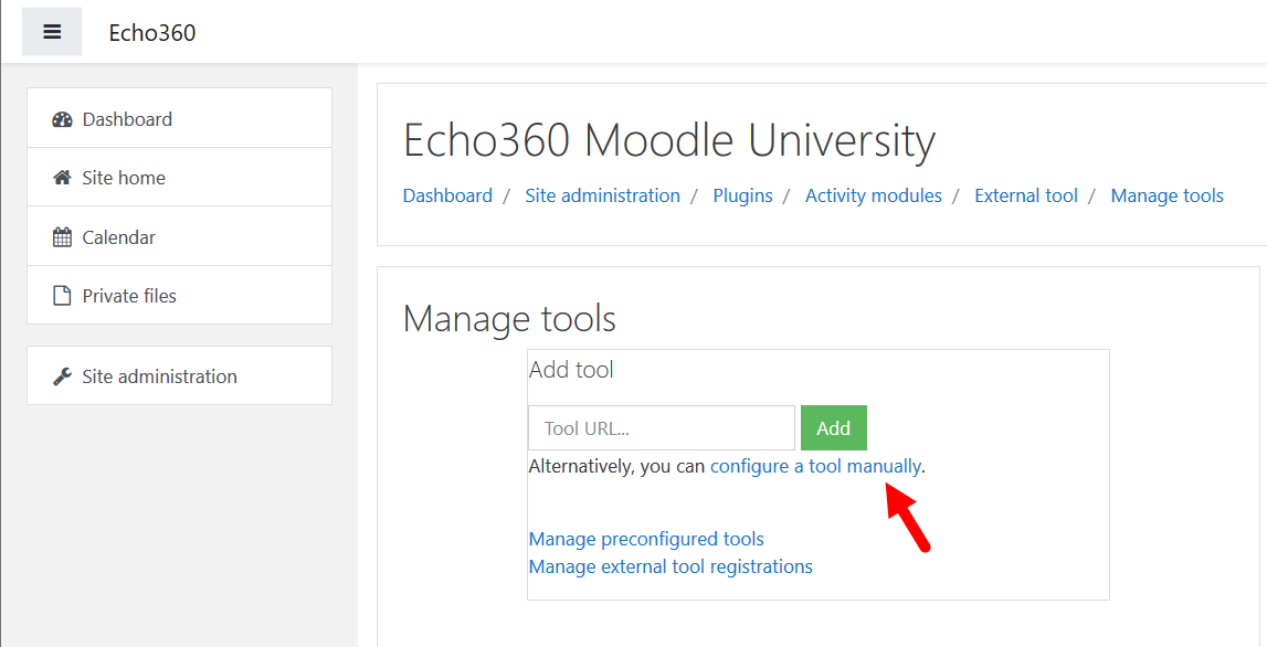 configure tool manually link identified on manage external tools page for steps as described