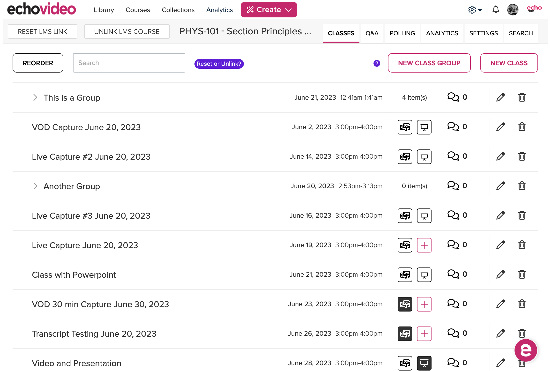 Instructor class list view from within an LMS/VLE