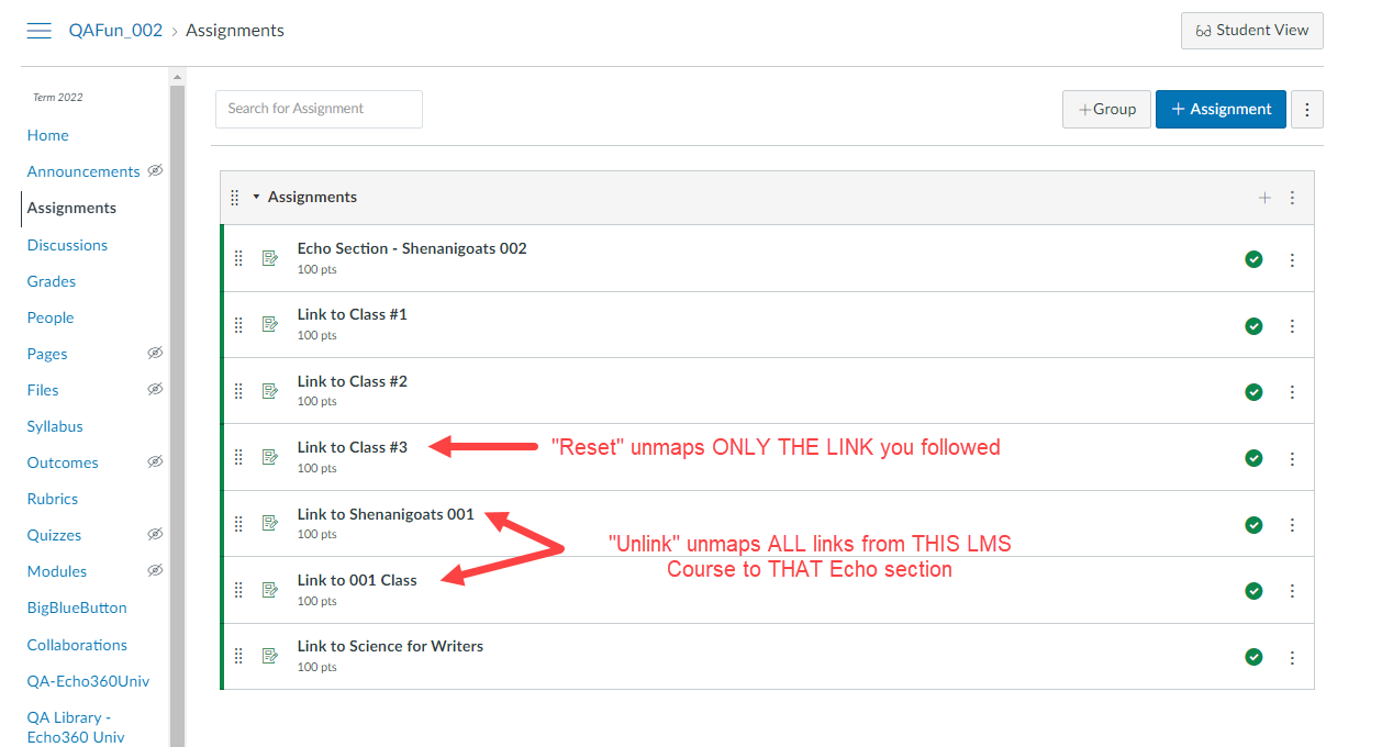 Canvas course with two different EchoVideo sections identified