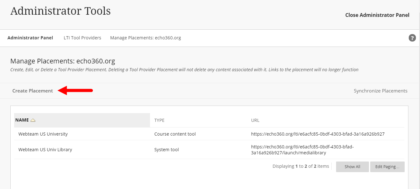 Placements list with Create Placement Button identified