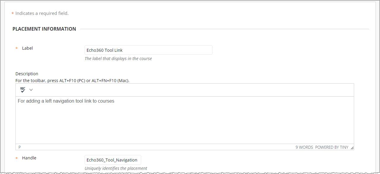 Blackboard Placement form with fields as described