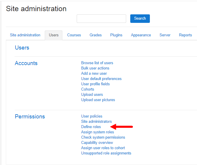 Users administration section with Permissions and Define Roles entry identified