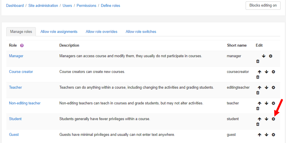 Role list with Edit icon identified for Student role as described