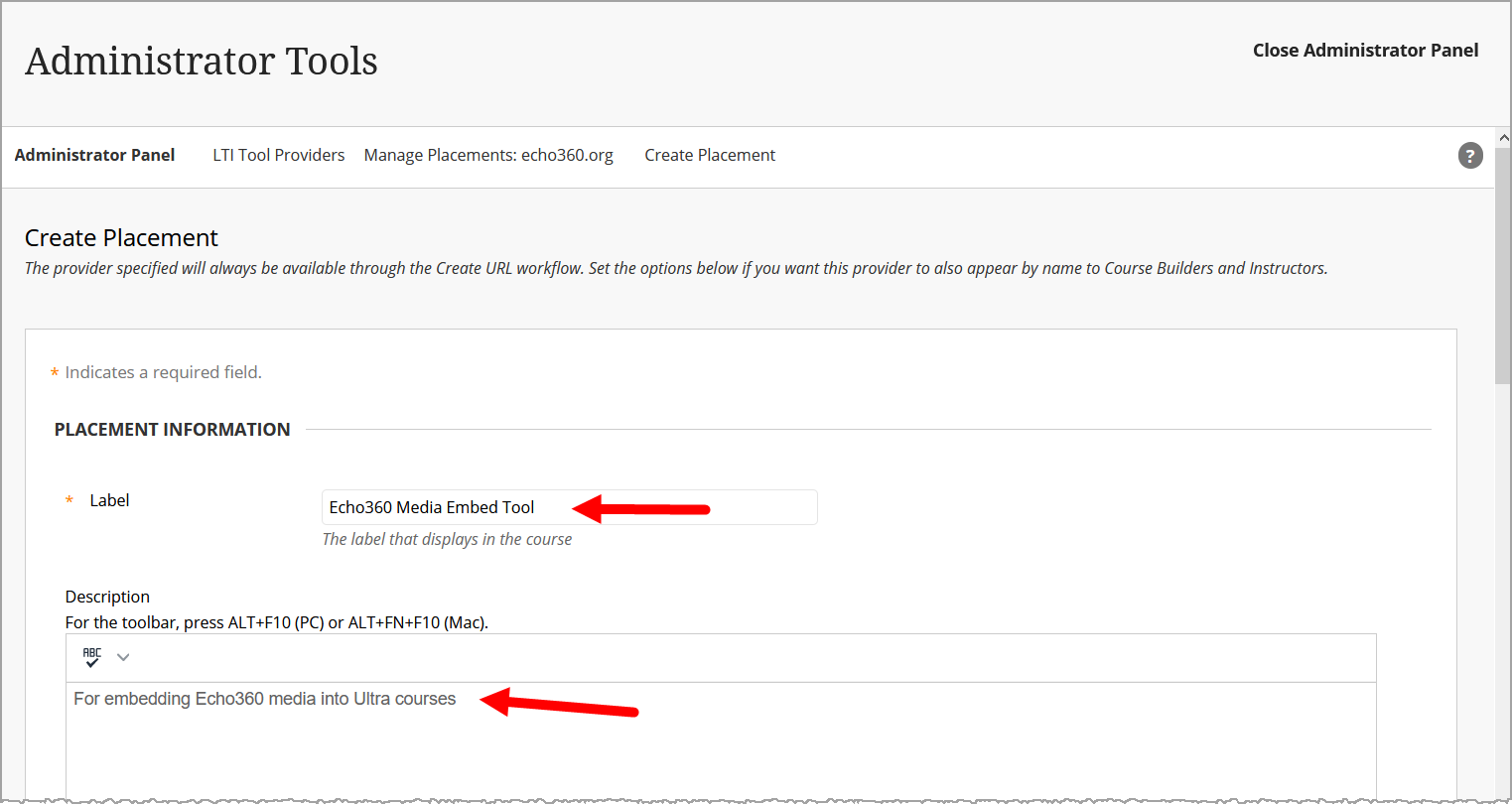 Top section of create placement form with label and description fields as described