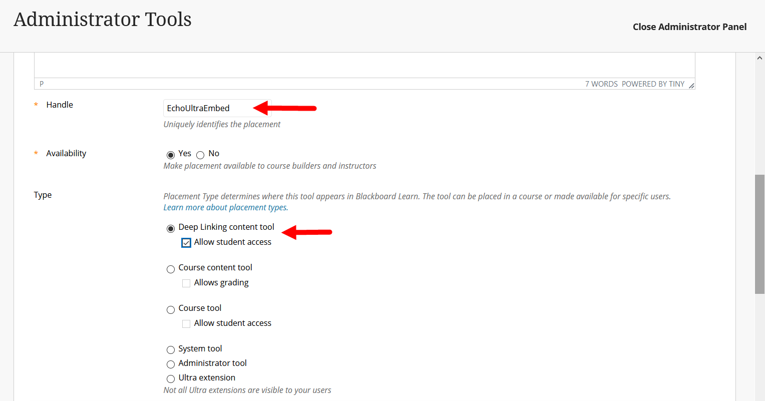 Middle section of create placement form with Handle field and availability settings and tool type selections shown for steps as described