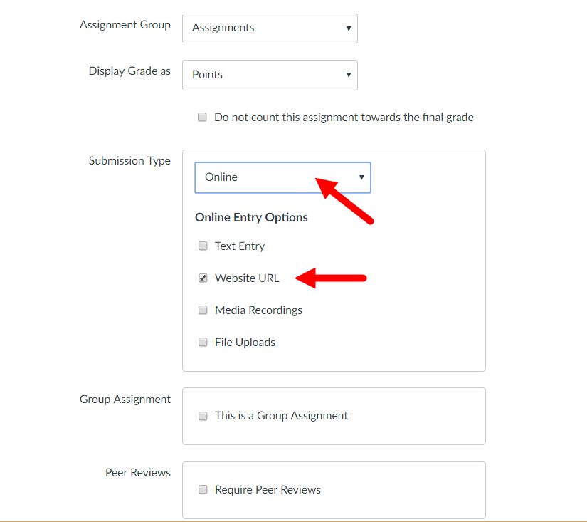 New Assignment form with Submission Type entries identified for steps as described