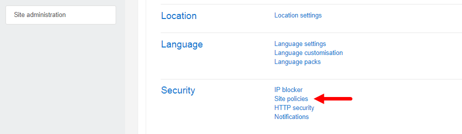 Moodle Administration Security section with Site Policies option identified