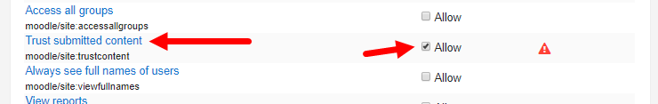 Trust submitted content entry for Student role with Allow checkbox enabled as described
