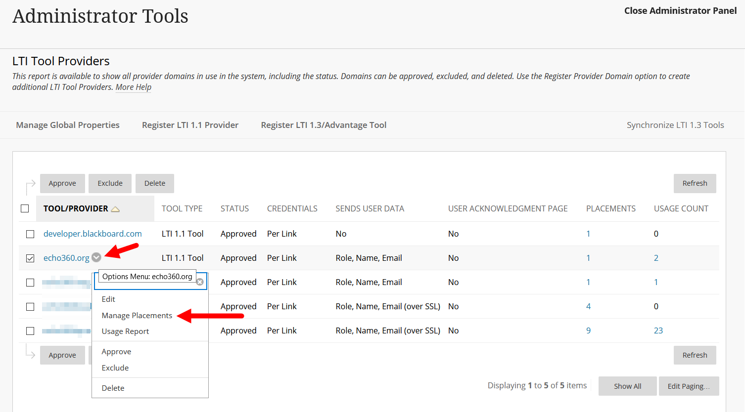 LTI Tool providers list with chevron menu open and Manage Placements option identified