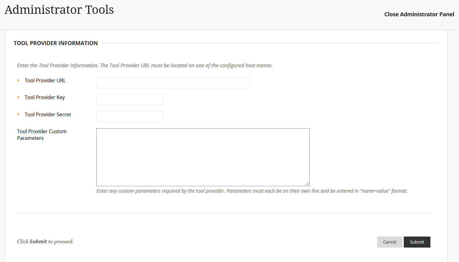 bottom section of create placement form with tool provider information fields shown for steps as described