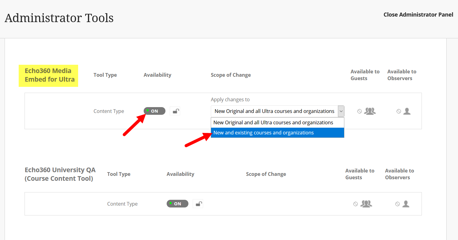 New echo embed tool from Tools list with availability turned on and settings for new and existing courses selected as described