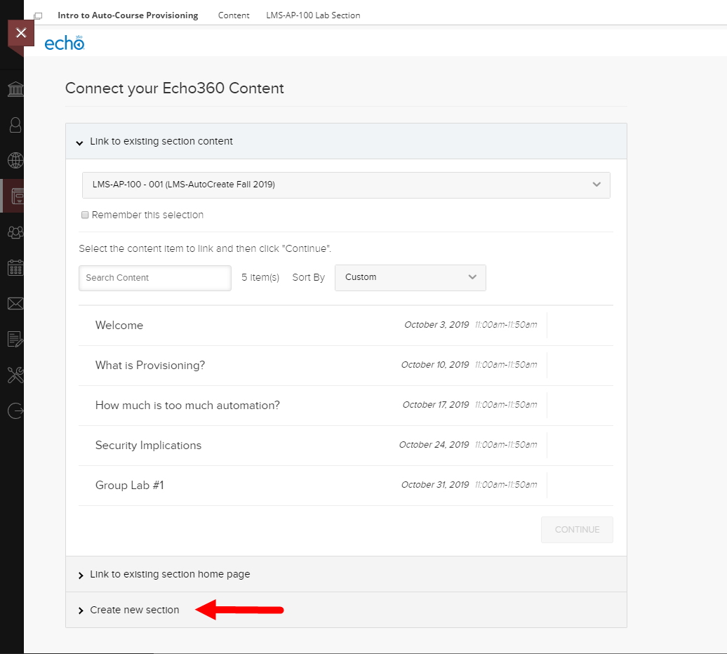 Echo360 link through options with create a new section option identified for steps as described