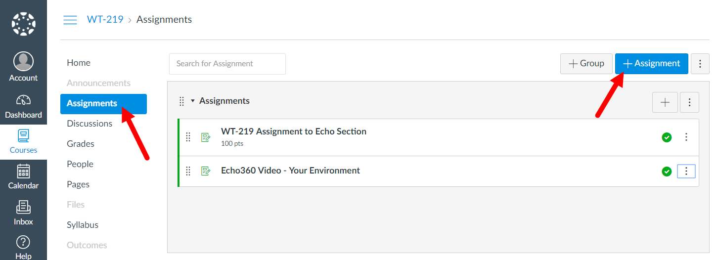Canvas course with Assignments page showing and Add Assignment button identified as described