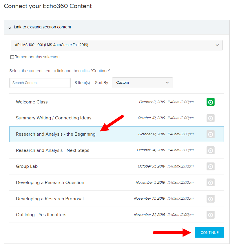 Class list in Echo360 section available for connecting to LMS through link as described