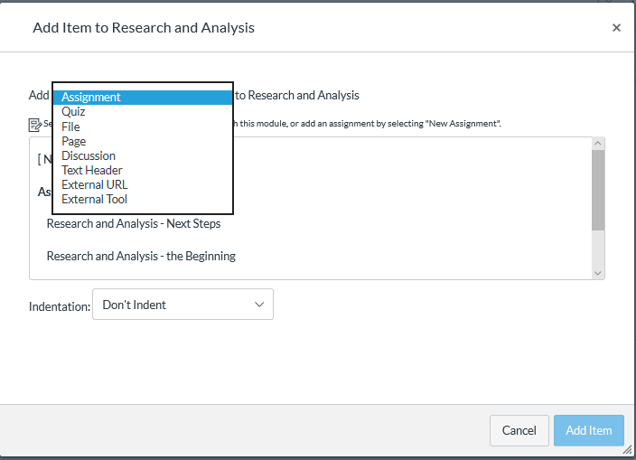 Add item to Module with Add item type drop-down list open with Assignment selection as described